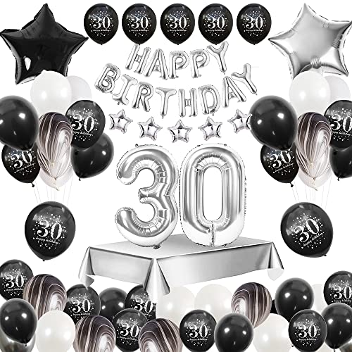 30 año Cumpleaños Decoración Blanco y Negro, 30 año Cumpleaños Globos Hombres Mujeres, Feliz Cumpleaños Globo Número 30 Globos de ágata y Globos de 30 año Blanco y Negro Fiesta Decoración con Mantel