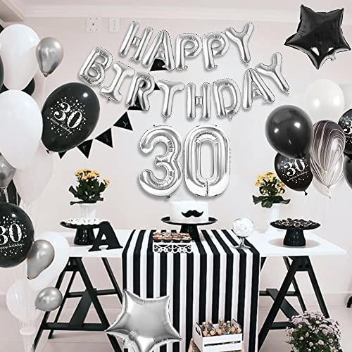 30 año Cumpleaños Decoración Blanco y Negro, 30 año Cumpleaños Globos Hombres Mujeres, Feliz Cumpleaños Globo Número 30 Globos de ágata y Globos de 30 año Blanco y Negro Fiesta Decoración con Mantel