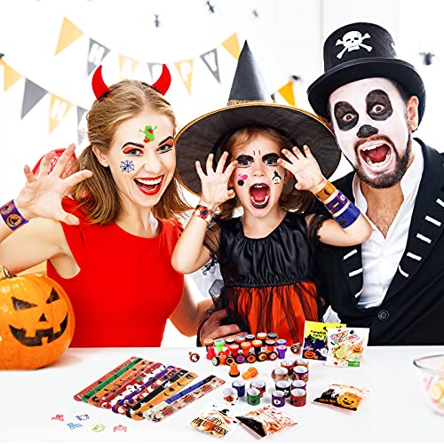 300 Piezas Favores de Fiesta de Halloween, Incluye 150 Tatuajes Temporales de Halloween, 100 Bolsas de Dulces, 25 Sellos de Halloween, 25 Pulseras de Bofetadas para Recompensa de Juego