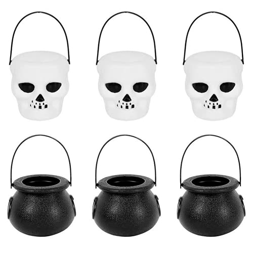 6 piezas, mini cubo de dulces de Halloween, tarro de cráneo de bruja, soporte de caldero de bruja, accesorios de decoración de fiesta de truco o golosinas, juguetes para niños (negro)