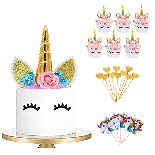 64pcs Unicorn Birthday Cake Topper Set, Cupcake Topper Doble Sided, Party Supplies Cake Decorations para Niños Niñas Regalo Unicornio Decoraciones de Fiesta de Cumpleaños