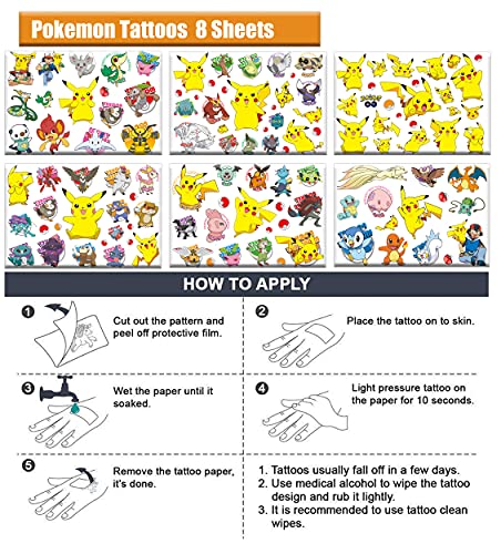 8 Hojas Pokémon Tatuajes Pegatina 3D Girls Boys Tatuajes Temporales Para Niños Favoritos Favoritos Decoración De Cumpleaños Lindo Tatuaje Conjunto Niños Face Pegatinas Temporales Brazo Impermeable DIY