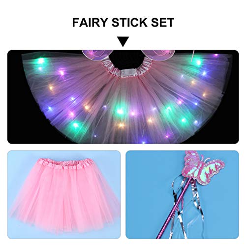 ABOOFAN Luz LED para Niños Alas de Ángel Mariposa Que Brillan en La Oscuridad Tutú Vestido de Hada Varita Diadema Conjunto de Disfraz Alas de Princesa Hada Accesorios de Disfraces Rosa