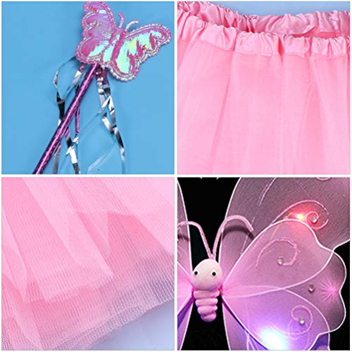 ABOOFAN Luz LED para Niños Alas de Ángel Mariposa Que Brillan en La Oscuridad Tutú Vestido de Hada Varita Diadema Conjunto de Disfraz Alas de Princesa Hada Accesorios de Disfraces Rosa