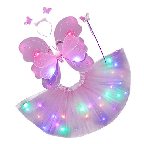 ABOOFAN Luz LED para Niños Alas de Ángel Mariposa Que Brillan en La Oscuridad Tutú Vestido de Hada Varita Diadema Conjunto de Disfraz Alas de Princesa Hada Accesorios de Disfraces Rosa