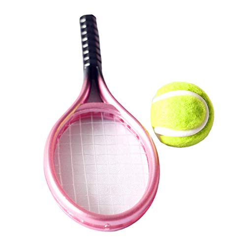 Accesorios para muebles de casa de muñecas,Simulación Mini Sports Goods Tennis Raqueta Ball Model Set Accesorios para casa de muñecas - Rosa