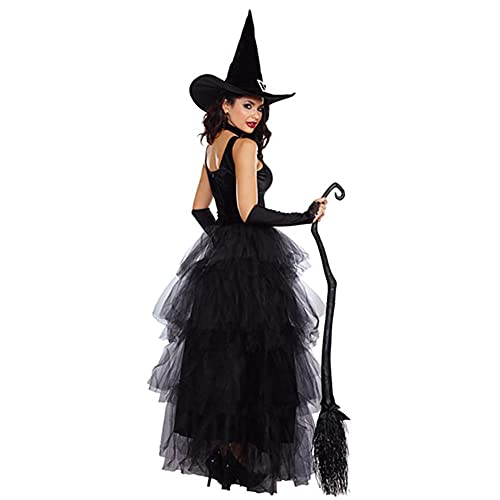 Adulto Disfraz de Bruja Negra para Mujer Disfraz de Halloween Cosplay Carnaval Vampiresa Vestido Vestido de Fantasía Traje de Fiesta con Sombrero para Adulto