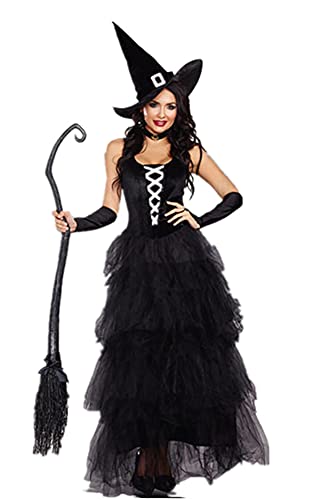 Adulto Disfraz de Bruja Negra para Mujer Disfraz de Halloween Cosplay Carnaval Vampiresa Vestido Vestido de Fantasía Traje de Fiesta con Sombrero para Adulto