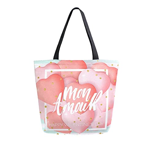 ALAZA Bolsa de compras reutilizable con globo de corazón de San Valentín, bolsa de almacenamiento de comestibles, bolsa de viaje plegable