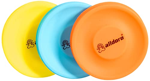 alldoro 63057 - Juego de 3 Discos de Lanzamiento (6,5 cm de diámetro, Silicona Blanda, 60 m de Alcance, para niños, Adultos y Perros, Amarillo, Naranja y Azul)