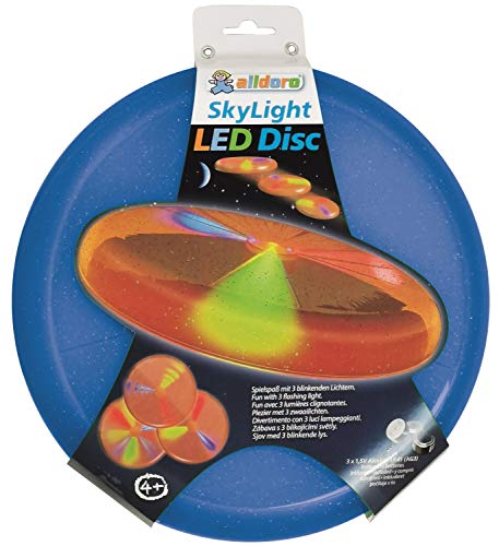 alldoro-Disco Luminoso LED con 3 Luces parpadeantes, diámetro Aprox. 27 cm, Funciona con Pilas Colores Surtidos. (Manfred Roser 60355)