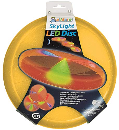 alldoro-Disco Luminoso LED con 3 Luces parpadeantes, diámetro Aprox. 27 cm, Funciona con Pilas Colores Surtidos. (Manfred Roser 60355)