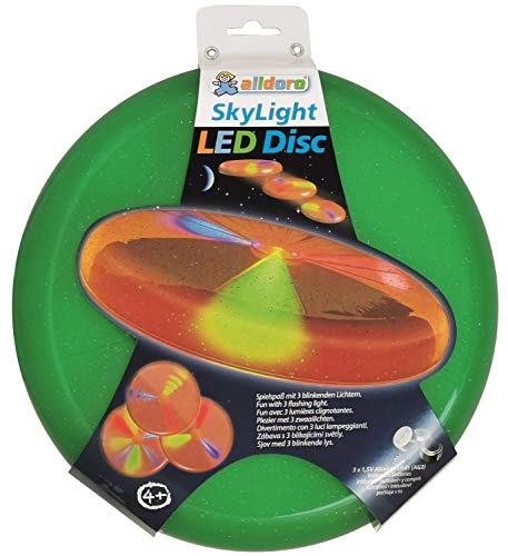 alldoro-Disco Luminoso LED con 3 Luces parpadeantes, diámetro Aprox. 27 cm, Funciona con Pilas Colores Surtidos. (Manfred Roser 60355)