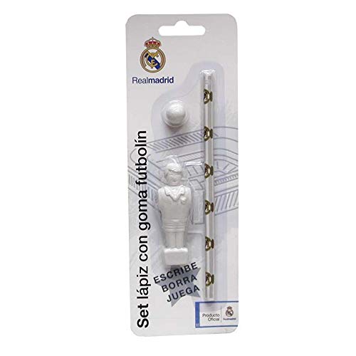 ALMACENESADAN 2425; Pack Escolar Real Madrid muñeco futbolin; Compuesto por lapicero, y Goma de borrar Balon y muñeco de futbolin.