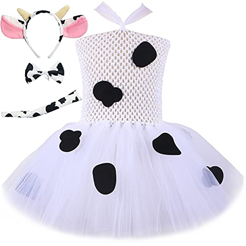 Alvivi Disfraz de Vacas para Niña Vestido Tutú Sin Mangas+Diadema de Orejas de Vaca+Cola de Vaca Vestido de Fiesta Halloween Carnaval Cumpleaños Rosa 7-8 años