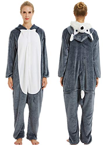 Amenxi Unisexo Franela Pijamas Adulto Cosplay Traje Disfraz Adulto Animal Pyjamas Ropa de Dormir Halloween y Navidad (Grey Huskies, XL(Talla 174-182cm))