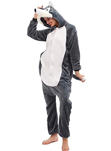 Amenxi Unisexo Franela Pijamas Adulto Cosplay Traje Disfraz Adulto Animal Pyjamas Ropa de Dormir Halloween y Navidad (Grey Huskies, XL(Talla 174-182cm))