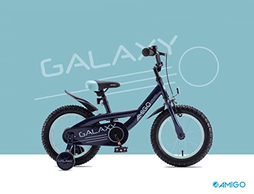 Amigo Galaxy - Bicicleta infantil para niño, 16 pulgadas, con freno de mano, contrapedal, portaequipajes delantero, manillar acolchado y ruedas de apoyo, para niños a partir de 4 años, color azul