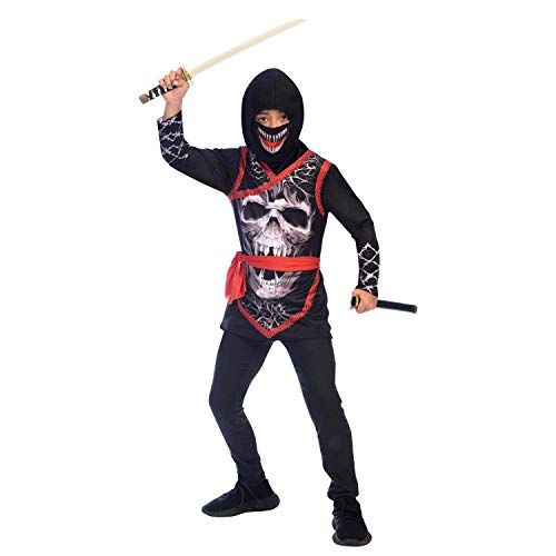 amscan- Black Skull Costume with Scary Teeth Mask-Age 10-12 Years-1 PC Disfraz de Ninja de Calavera Negra con máscara de Dientes aterradores, Edad de 10 a 12 años, 1 Unidad, Color (9905056)