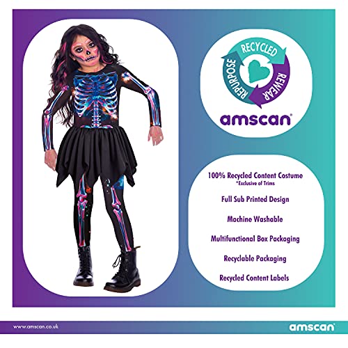 amscan Disfraz de esqueleto de neón ecológico para niñas (edades 2 – 3) – 1 pieza, color negro, Sustainable Skeleton Girl 2-3 Yrs (9908573)