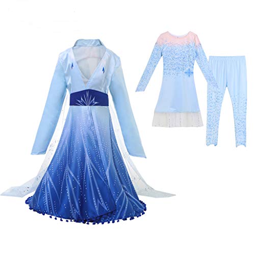 Amycute 3 Piezas Set de Disfraz de Princesa Elsa, Elsa Princesa Vestido, Princesa Frozen Elsa Disfraz de Cosplay de Reino de Hielo para Navidad,Fiesta Cumpleaños (Longitud50.8in;Altura 58in- 62in)