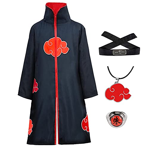 Amycute Naruto Akatsuki abrigo (4 piezas) Anime Cosplay Itachi Halloween disfraz de Navidad fiesta larga túnica con anillo diadema y collar unisex (M)