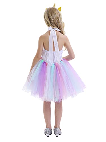 AmzBarley Unicornio Vestidos Princesa Niña Fiesta de Tul Tutu con Encaje de Flor sin Mangas,Disfraz Halloween Princesa con Argolla de Pelo Boda (10-12 Años, Blanco 6)