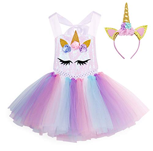 AmzBarley Unicornio Vestidos Princesa Niña Fiesta de Tul Tutu con Encaje de Flor sin Mangas,Disfraz Halloween Princesa con Argolla de Pelo Boda (10-12 Años, Blanco 6)