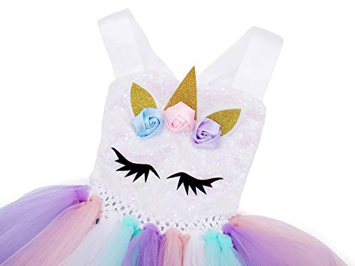 AmzBarley Unicornio Vestidos Princesa Niña Fiesta de Tul Tutu con Encaje de Flor sin Mangas,Disfraz Halloween Princesa con Argolla de Pelo Boda (10-12 Años, Blanco 6)