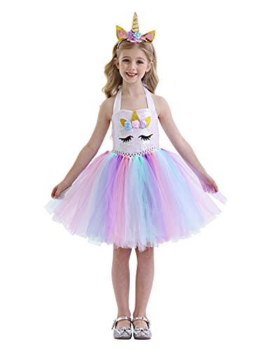 AmzBarley Unicornio Vestidos Princesa Niña Fiesta de Tul Tutu con Encaje de Flor sin Mangas,Disfraz Halloween Princesa con Argolla de Pelo Boda (10-12 Años, Blanco 6)