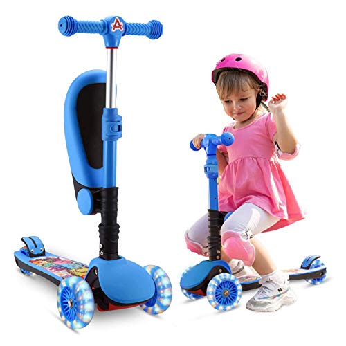 AOODIL Patinete 2 en 1 para niños, Patinete de 3 Ruedas con Asiento Plegable/extraíble, Altura Ajustable, Ruedas iluminadas para niños pequeños, niñas y niños de 2 a 12 años