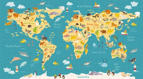 AptoFun Puzzle de Madera 750*500*2 mm con 1000 Piezas - Mapa del Mundo con Animales - para niños Mayores y Adultos - Jugar Juntos: concentración y diversión