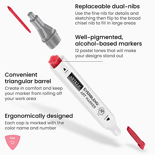 Arteza EverBlend Rotuladores de Arte, 12 colores pastel, rotuladores de alcohol de doble punta (biselada ancha + fina), para dibujar, colorear, rotulación manual y caligrafías