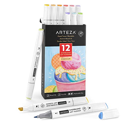 Arteza EverBlend Rotuladores de Arte, 12 colores pastel, rotuladores de alcohol de doble punta (biselada ancha + fina), para dibujar, colorear, rotulación manual y caligrafías