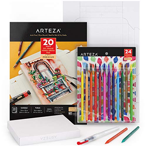 Arteza Juego de dibujo de acuarelas, 24 lápices acuarelables sin madera y paquete de lienzos plegables de papel, materiales de arte para niños y adultos