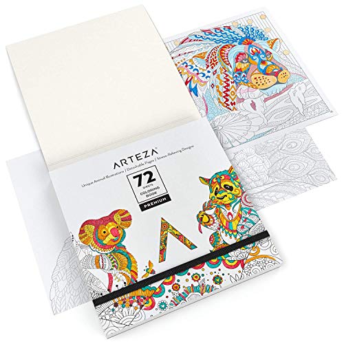 Arteza Libro de colorear para adultos, ilustraciones de animales, tamaño libreta de 16,3 x 16,3 cm, 72 hojas de 150 g/m², ideal para la ansiedad, relájate coloreando, hojas extraíbles