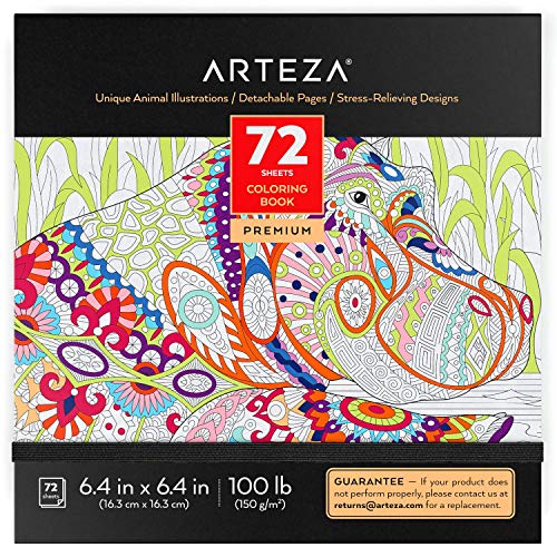 Arteza Libro de colorear para adultos, ilustraciones de animales, tamaño libreta de 16,3 x 16,3 cm, 72 hojas de 150 g/m², ideal para la ansiedad, relájate coloreando, hojas extraíbles