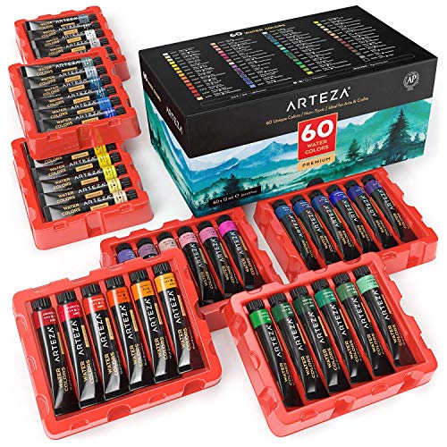 Arteza Pinturas de acuarela de calidad | Set de 60 colores | Tubos de 12 ml | Acuarelas de colores para artistas, estudiantes y principiantes