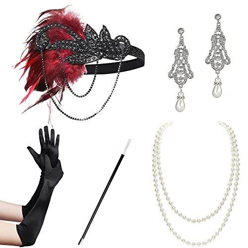 ArtiDeco 1920s Flapper Accesorios de los Años 20 Accessorios de Charlestón para Mujer Disfraz Gran Gatsby(Diadema, Collar de Perlas, Pendientes, Boquilla y Guantes)