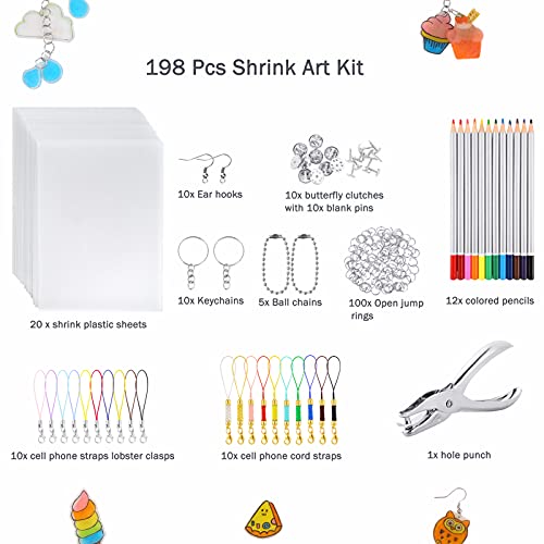 Auihiay 198 Piezas El kit de plástico retráctil incluye 20 hojas de papel retráctil, perforadora, llaveros, accesorios y lápices para adornos de bricolaje o manualidades creativas