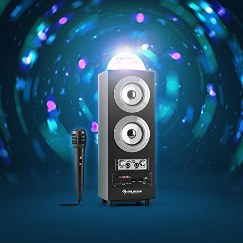 AUNA DiscoStar Silver - Karaoke Altavoz Bluetooth 2.1 con Micrófono, Sección MP3 con Pantalla LED, SD, USB, Mini USB, Iluminación LED, Sintonizador FM, Mando a Distancia, Batería integrada, Gris