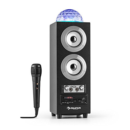 AUNA DiscoStar Silver - Karaoke Altavoz Bluetooth 2.1 con Micrófono, Sección MP3 con Pantalla LED, SD, USB, Mini USB, Iluminación LED, Sintonizador FM, Mando a Distancia, Batería integrada, Gris