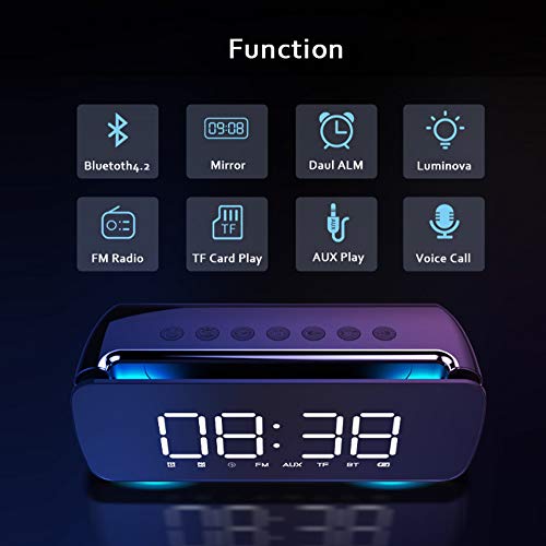 AWJ Bluetooth Despertador con Altavoz estéreo Mirror Driver de 3 vatios, Radio FM, Bluetooth 4.2, Tarjeta AUX TF, Regulable, Snooze Mini pequeño Sonido,Negro