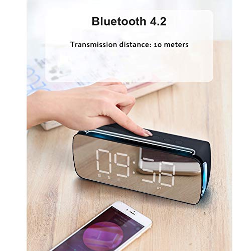 AWJ Bluetooth Despertador con Altavoz estéreo Mirror Driver de 3 vatios, Radio FM, Bluetooth 4.2, Tarjeta AUX TF, Regulable, Snooze Mini pequeño Sonido,Negro