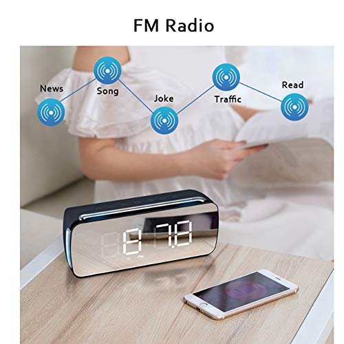 AWJ Bluetooth Despertador con Altavoz estéreo Mirror Driver de 3 vatios, Radio FM, Bluetooth 4.2, Tarjeta AUX TF, Regulable, Snooze Mini pequeño Sonido,Negro