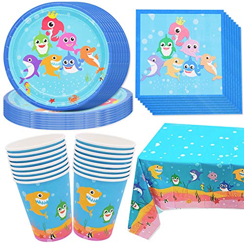 Babioms Vajilla de Fiesta Temática, Incluyendo Platos, Vasos de Papel, Toallas de Papel, Manteles, Party Supplies Decoration, Shark Party Supplies Set - 16 personas