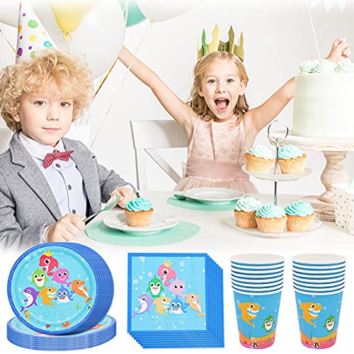 Babioms Vajilla de Fiesta Temática, Incluyendo Platos, Vasos de Papel, Toallas de Papel, Manteles, Party Supplies Decoration, Shark Party Supplies Set - 16 personas