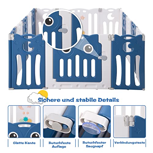 Baby Barrier Grille Rejilla Protectora de 16 Paneles Rejilla de Arrastre para NiñOs Hecho de PláStico con Puerta y Tablero de Juguete, con Columpio, TobogáN para NiñOs y Canasta de Baloncesto,blau