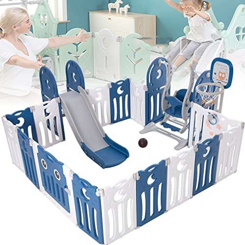 Baby Barrier Grille Rejilla Protectora de 16 Paneles Rejilla de Arrastre para NiñOs Hecho de PláStico con Puerta y Tablero de Juguete, con Columpio, TobogáN para NiñOs y Canasta de Baloncesto,blau