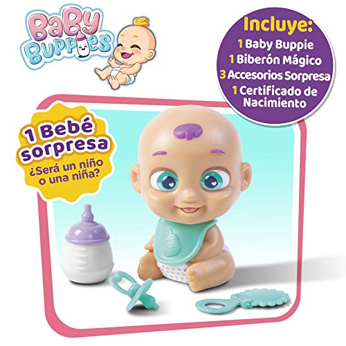 Baby Buppies - Baby Buppies Biberón Sorpresa con complementos bebé? muñeco, biberón, sonajero, chupete, babero, guía de cuidados y certificado de nacimiento Juguetes niños 3 años (46403)